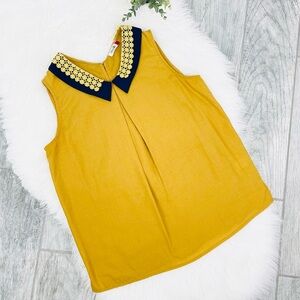 Tulip Orange Yellow collar Embroidered Sleeveless Preppy PleAted top